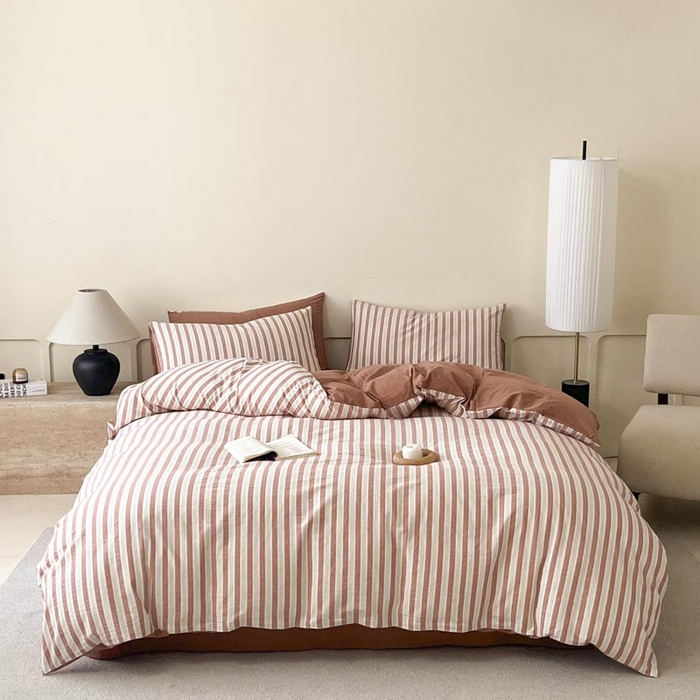 91家纺网 家纺一手货源 找家纺 ab家纺 2024新款色织全棉40支水洗棉条纹四件套  天竺棉 番茄红