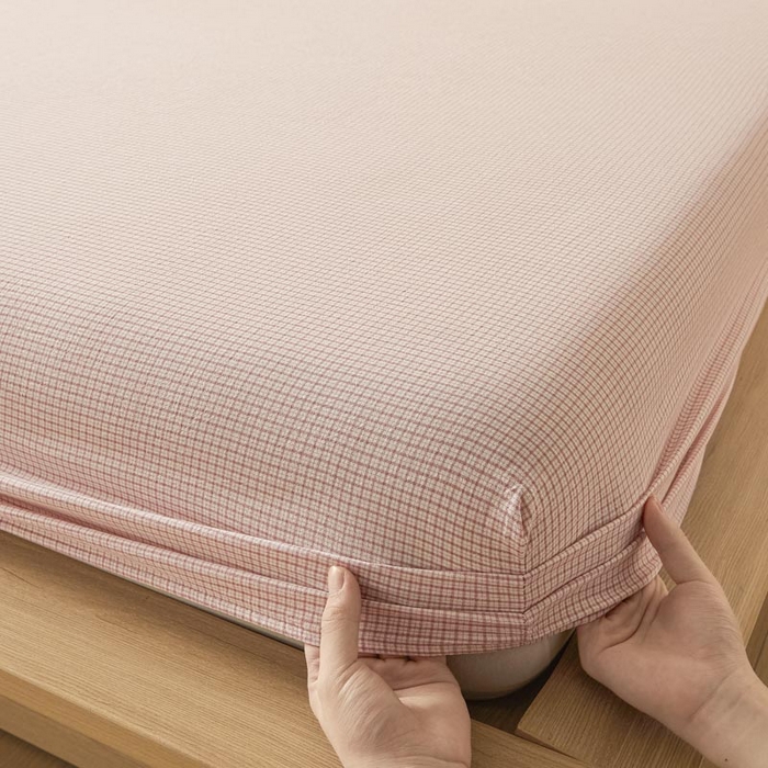 91家纺网 家纺一手货源 找家纺 ab家纺 2025新款简约色织水洗棉床笠 可颂-粉
