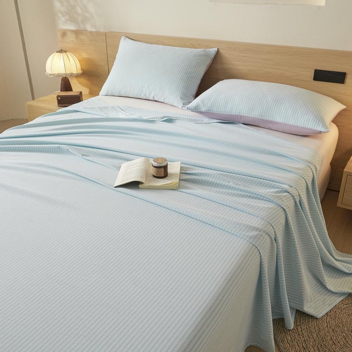 91家纺网 家纺一手货源 找家纺 ab家纺 2025新款简约色织水洗棉床单 余晖-蓝紫