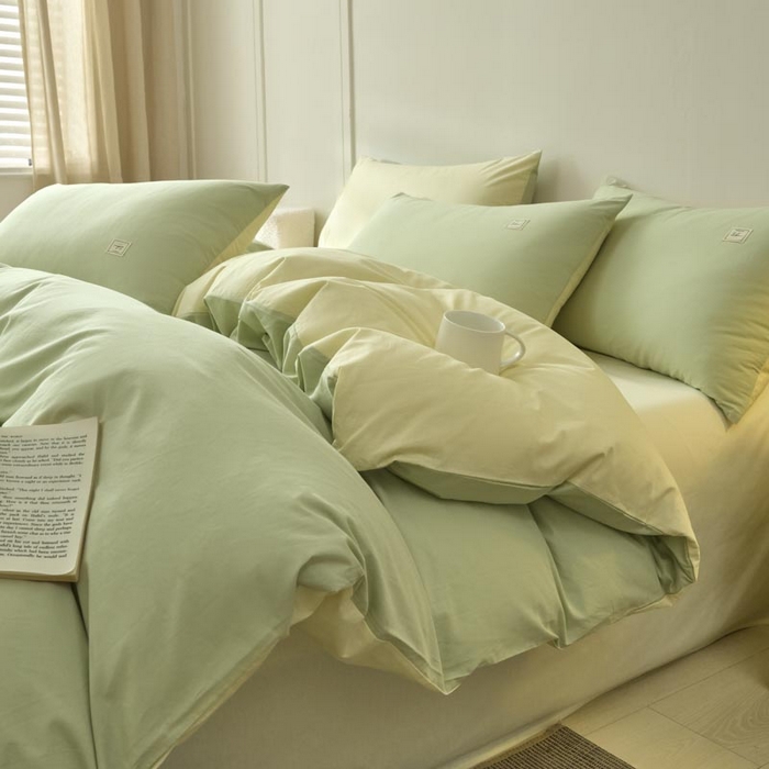 91家纺网 家纺一手货源 找家纺 ab家纺 2025新款色织全棉40支水洗棉四件套--双拼第二组 橄榄绿杏黄