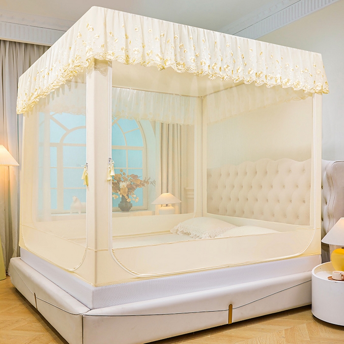 91家纺网 家纺一手货源 找家纺 艾晶美家纺有限公司 2025新款坐式刺绣床帘蚊帐 奶黄色