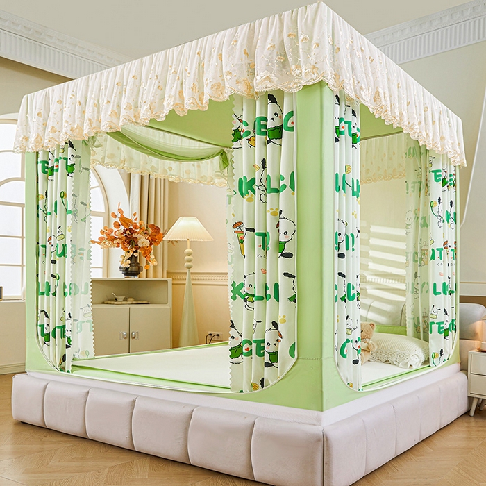 91家纺网 家纺一手货源 找家纺 艾晶美家纺有限公司 2025新款坐式刺绣床帘蚊帐 奶茶狗