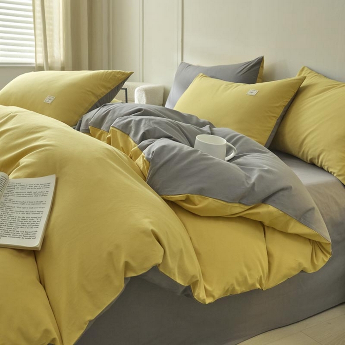 91家纺网 家纺一手货源 找家纺 ab家纺 2025新款色织全棉40支水洗棉四件套--双拼第二组 姜黄深灰