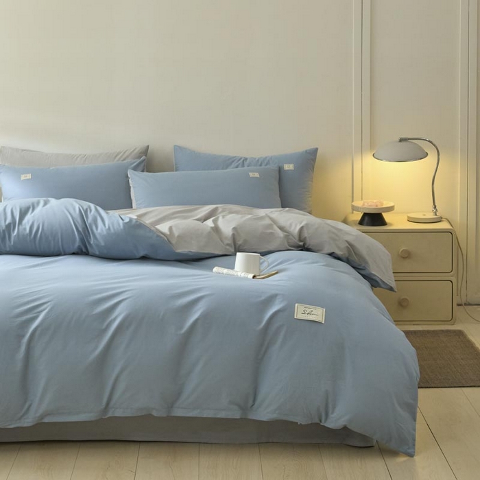 91家纺网 家纺一手货源 找家纺 ab家纺 2025新款色织全棉40支水洗棉四件套--双拼第二组 浅蓝灰