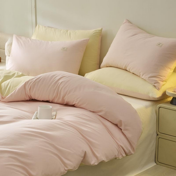 91家纺网 家纺一手货源 找家纺 ab家纺 2025新款色织全棉40支水洗棉四件套--双拼第二组 微微粉杏黄