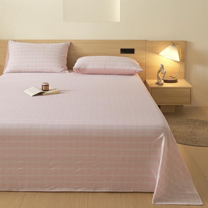 91家纺网 家纺一手货源 找家纺 ab家纺 2025新款简约色织水洗棉床单 芙卡格-粉