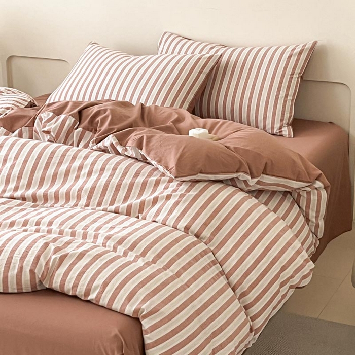 91家纺网 家纺一手货源 找家纺 ab家纺 2024新款色织全棉40支水洗棉条纹四件套  天竺棉 番茄红