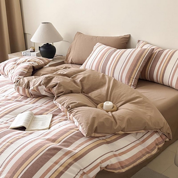 91家纺网 家纺一手货源 找家纺 ab家纺 2024新款色织全棉40支水洗棉条纹四件套  拉菲尔-咖