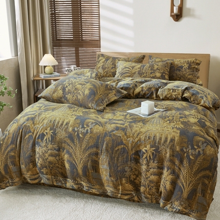 91家纺网 家纺一手货源 找家纺 鲁爱 2025新款全棉色织双层纱纽扣款四件套 玉树琼林-黑金