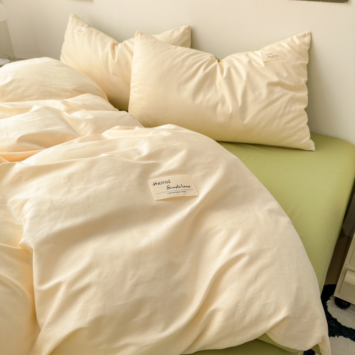 91家纺网 家纺一手货源 找家纺 曼之夏 2025新款全棉双拼四件套 贴标-米色+草绿