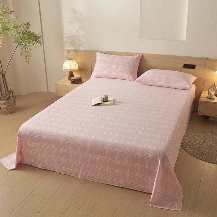 91家纺网 家纺一手货源 找家纺 ab家纺 2025新款简约色织水洗棉床单 希格文-粉