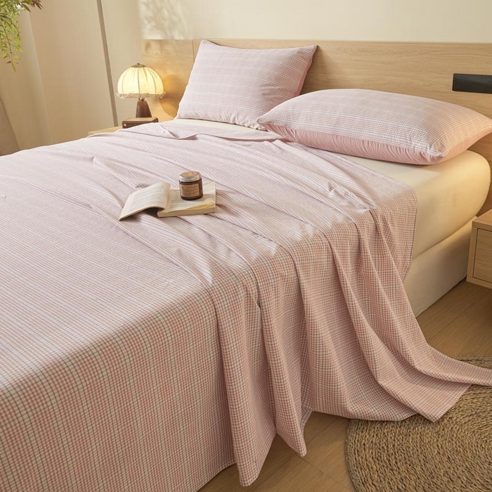 91家纺网 家纺一手货源 找家纺 ab家纺 2025新款简约色织水洗棉床单 芙卡格-粉