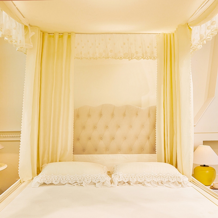 91家纺网 家纺一手货源 找家纺 艾晶美家纺有限公司 2025新款坐式刺绣床帘蚊帐 奶黄色
