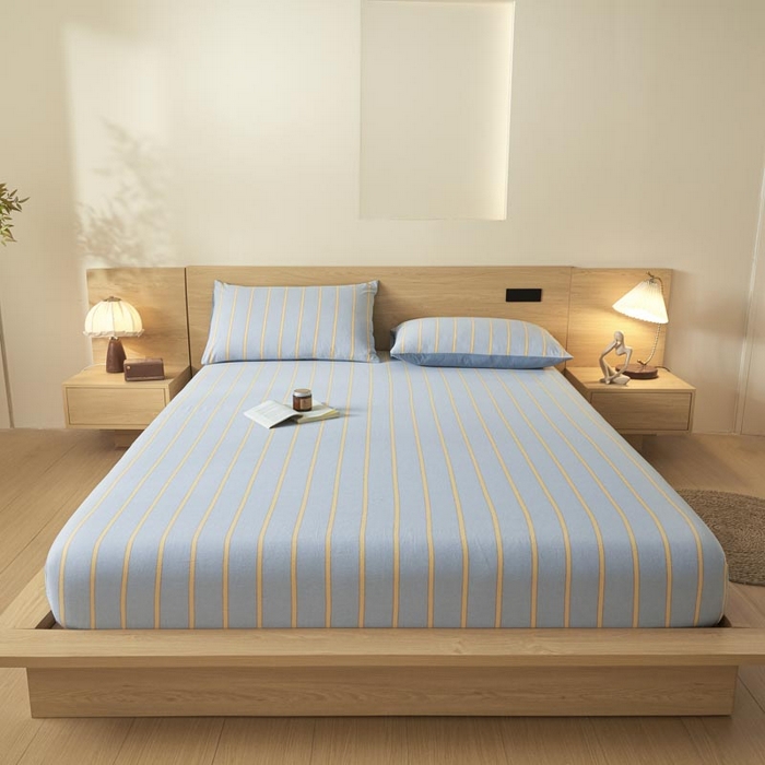 91家纺网 家纺一手货源 找家纺 ab家纺 2025新款简约色织水洗棉床笠 弗兰西-蓝