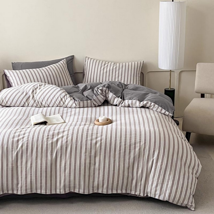 91家纺网 家纺一手货源 找家纺 ab家纺 2024新款色织全棉40支水洗棉条纹四件套  天竺棉 稀咖