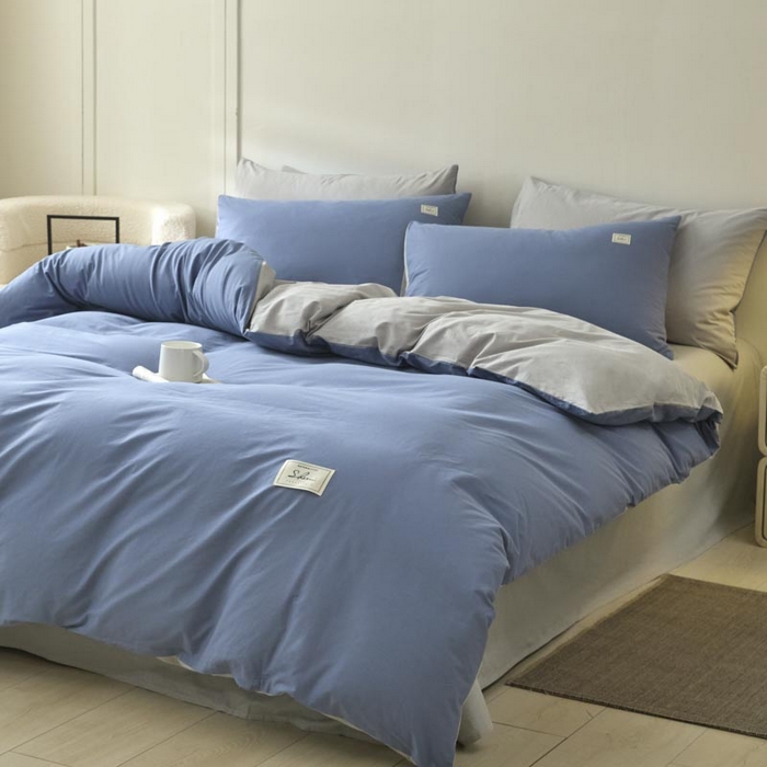 91家纺网 家纺一手货源 找家纺 ab家纺 2025新款色织全棉40支水洗棉四件套--双拼第二组 宾利蓝浅灰