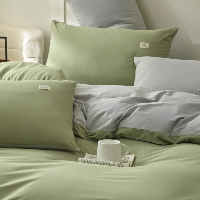 91家纺网 家纺一手货源 找家纺 ab家纺 2025新款色织全棉40支水洗棉四件套--双拼第二组 素绿浅灰