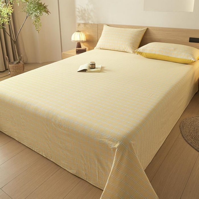 91家纺网 家纺一手货源 找家纺 ab家纺 2025新款简约色织水洗棉床单 芙卡格-黄