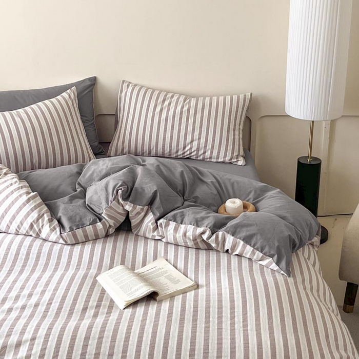 91家纺网 家纺一手货源 找家纺 ab家纺 2024新款色织全棉40支水洗棉条纹四件套  天竺棉 稀咖