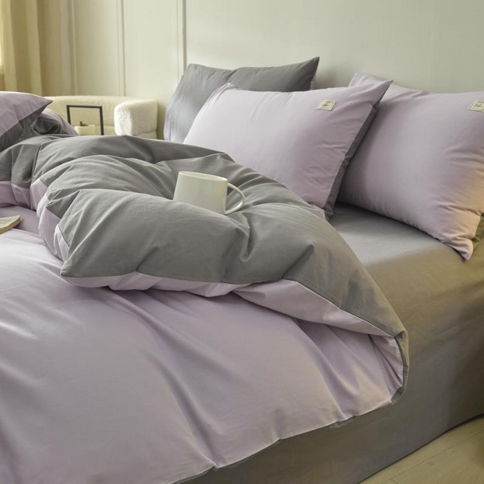 91家纺网 家纺一手货源 找家纺 ab家纺 2025新款色织全棉40支水洗棉四件套--双拼第二组 香芋紫深灰