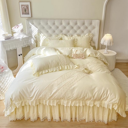 91家纺网 家纺一手货源 找家纺 恋尚 2025新款60贡缎长绒棉床笠裙款四件套-赫朵 赫朵 奶黄