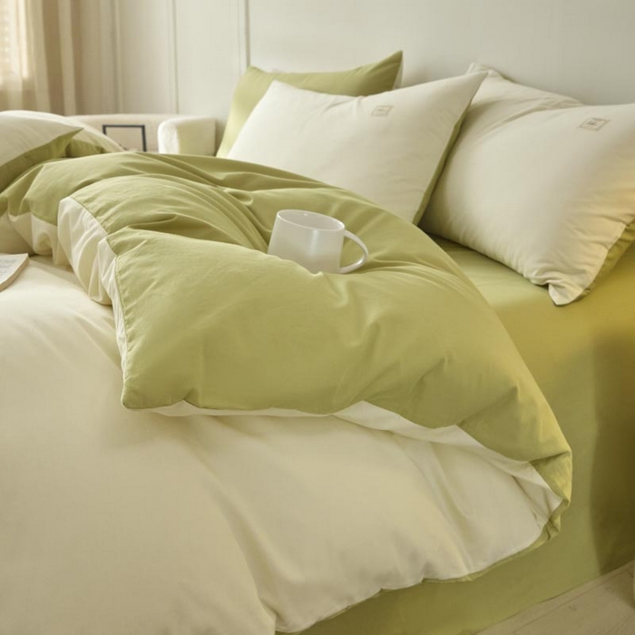 91家纺网 家纺一手货源 找家纺 ab家纺 2025新款色织全棉40支水洗棉四件套--双拼第二组 杏黄橄榄绿