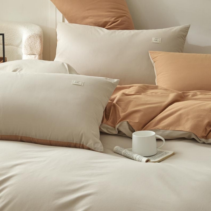 91家纺网 家纺一手货源 找家纺 ab家纺 2025新款色织全棉40支水洗棉四件套--双拼第二组 米咖西柚