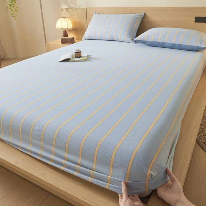 91家纺网 家纺一手货源 找家纺 ab家纺 2025新款简约色织水洗棉床笠 弗兰西-蓝