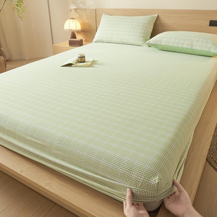 91家纺网 家纺一手货源 找家纺 ab家纺 2025新款简约色织水洗棉床笠 可颂-绿