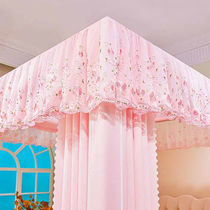 91家纺网 家纺一手货源 找家纺 艾晶美家纺有限公司 2025新款坐式刺绣床帘蚊帐 樱花粉
