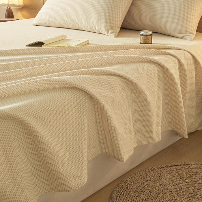 91家纺网 家纺一手货源 找家纺 ab家纺 2025新款简约色织水洗棉床单 可颂-黄