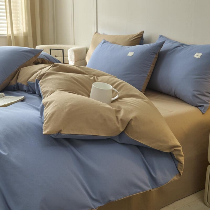 91家纺网 家纺一手货源 找家纺 ab家纺 2025新款色织全棉40支水洗棉四件套--双拼第二组 宾利蓝米咖