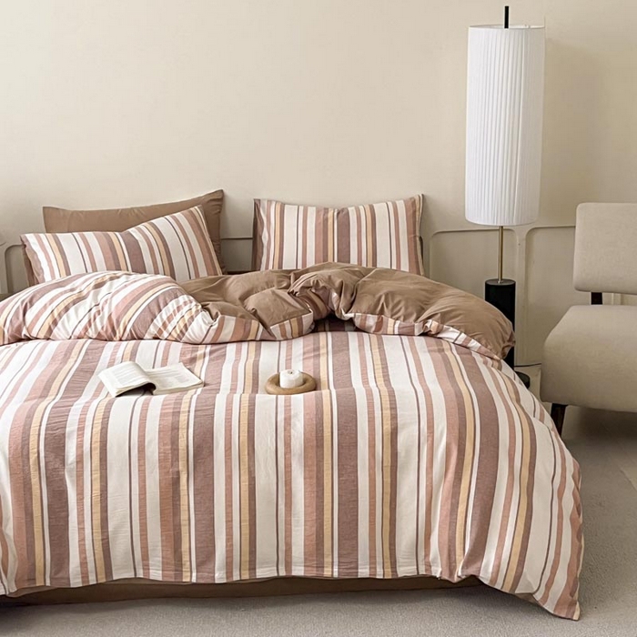 91家纺网 家纺一手货源 找家纺 ab家纺 2024新款色织全棉40支水洗棉条纹四件套  拉菲尔-咖