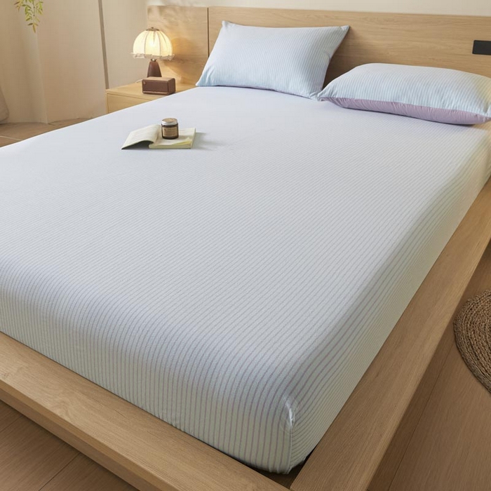 91家纺网 家纺一手货源 找家纺 ab家纺 2025新款简约色织水洗棉床笠 余晖-蓝紫