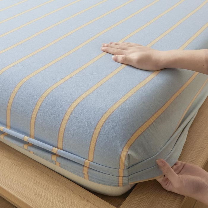 91家纺网 家纺一手货源 找家纺 ab家纺 2025新款简约色织水洗棉床笠 弗兰西-蓝