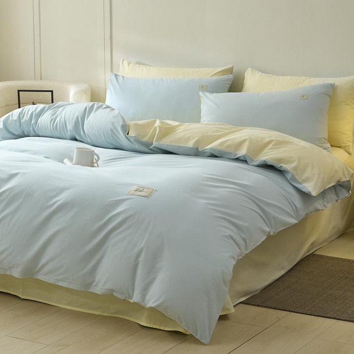 91家纺网 家纺一手货源 找家纺 ab家纺 2025新款色织全棉40支水洗棉四件套--双拼第二组 天空蓝杏黄