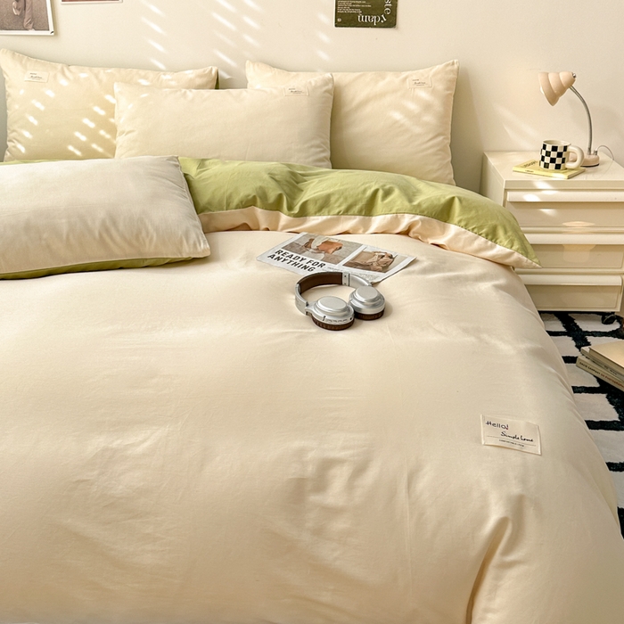 91家纺网 家纺一手货源 找家纺 曼之夏 2025新款全棉双拼四件套 贴标-米色+草绿