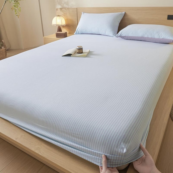 91家纺网 家纺一手货源 找家纺 ab家纺 2025新款简约色织水洗棉床笠 余晖-蓝紫