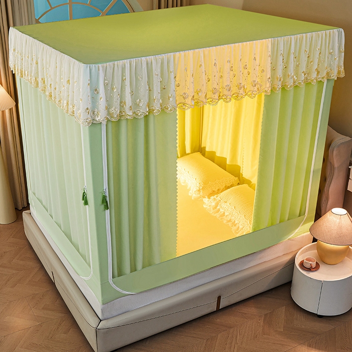 91家纺网 家纺一手货源 找家纺 艾晶美家纺有限公司 2025新款坐式刺绣床帘蚊帐 青果绿