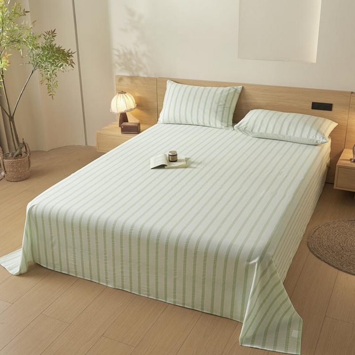 91家纺网 家纺一手货源 找家纺 ab家纺 2025新款简约色织水洗棉床单 平行线-绿