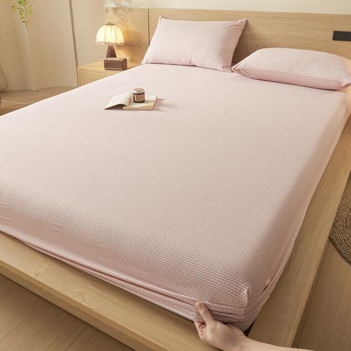 91家纺网 家纺一手货源 找家纺 ab家纺 2025新款简约色织水洗棉床笠 可颂-粉