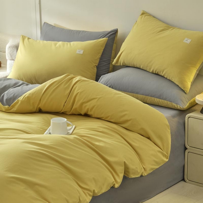 91家纺网 家纺一手货源 找家纺 ab家纺 2025新款色织全棉40支水洗棉四件套--双拼第二组 姜黄深灰