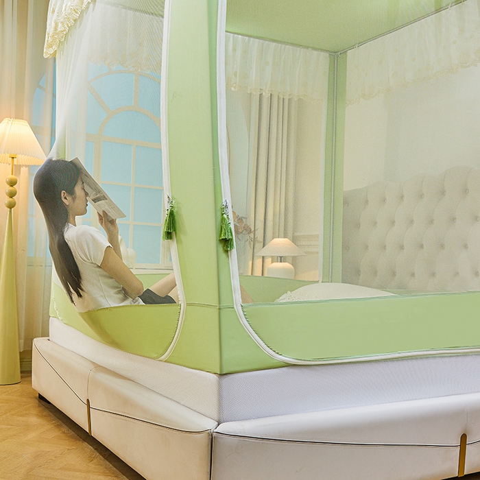 91家纺网 家纺一手货源 找家纺 艾晶美家纺有限公司 2025新款坐式刺绣床帘蚊帐 青果绿