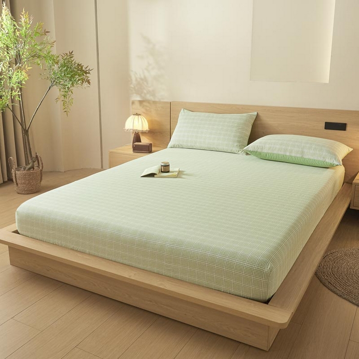 91家纺网 家纺一手货源 找家纺 ab家纺 2025新款简约色织水洗棉床笠 可颂-绿