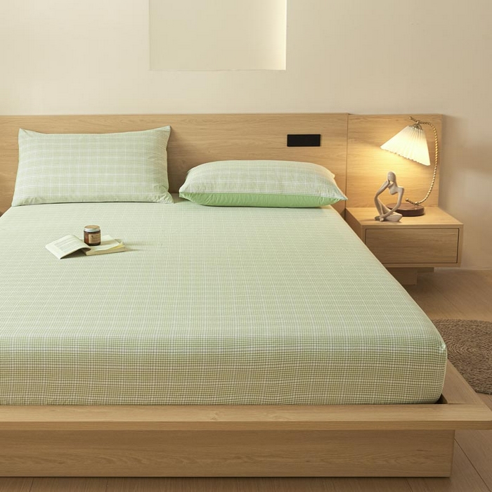 91家纺网 家纺一手货源 找家纺 ab家纺 2025新款简约色织水洗棉床笠 可颂-绿