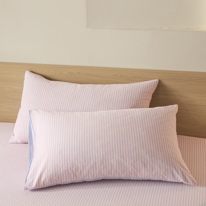 91家纺网 家纺一手货源 找家纺 ab家纺 2025新款简约色织水洗棉床单 余晖-粉蓝