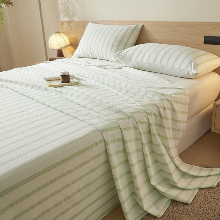 91家纺网 家纺一手货源 找家纺 ab家纺 2025新款简约色织水洗棉床单 平行线-绿