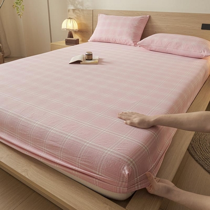 91家纺网 家纺一手货源 找家纺 ab家纺 2025新款简约色织水洗棉床笠 希格文-粉