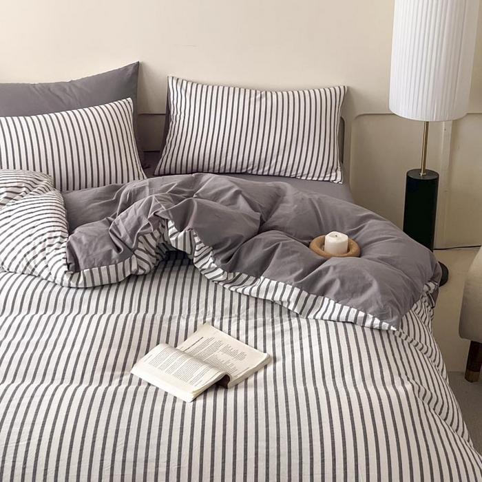 91家纺网 家纺一手货源 找家纺 ab家纺 2024新款色织全棉40支水洗棉条纹四件套  优岸-灰