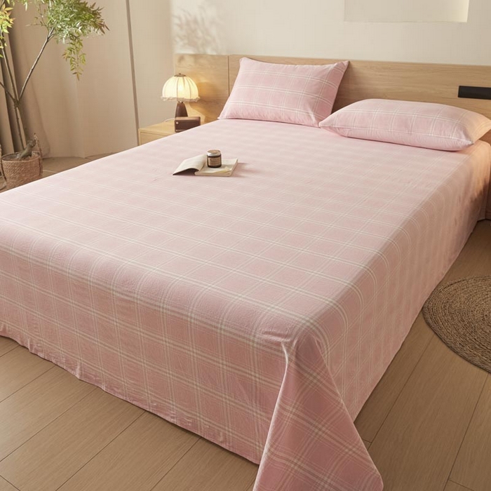 91家纺网 家纺一手货源 找家纺 ab家纺 2025新款简约色织水洗棉床单 希格文-粉